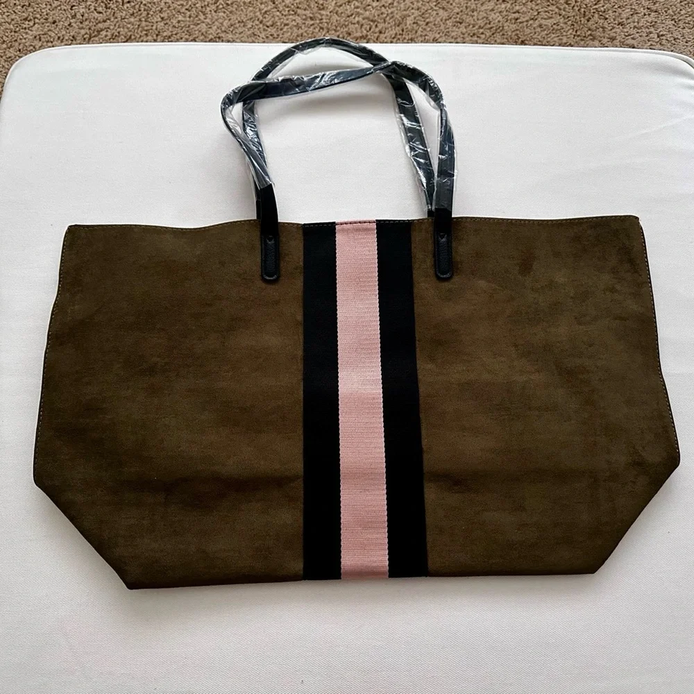 NWOT-Neiman Marcus Olive Green and  Pink Canvas Tote Bag with Minimalist Design - Picture 2 of 7